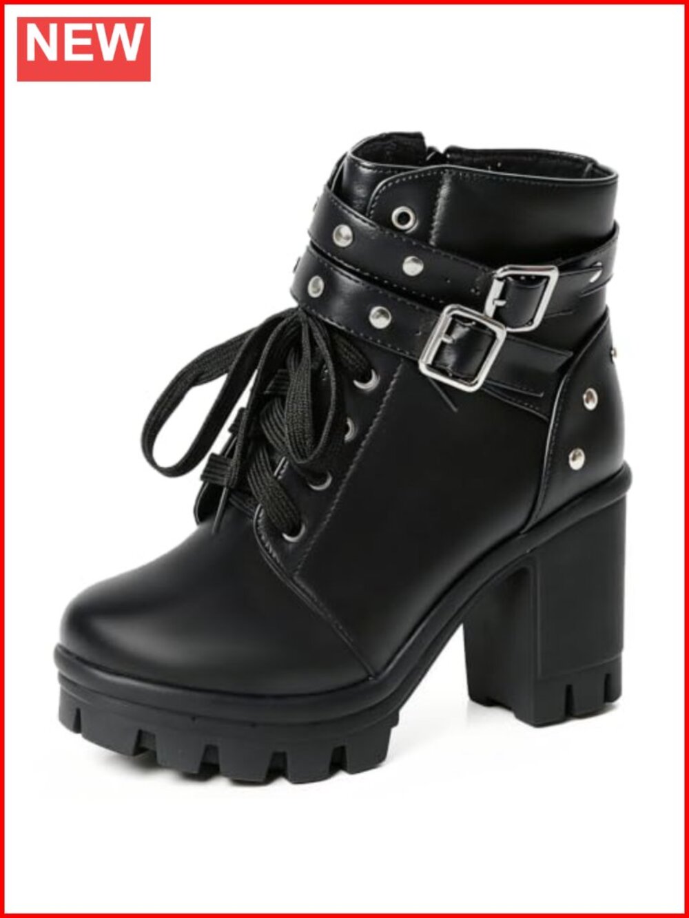 Goth Boots Chunky Heel Ankle Combat Booties Platform Boot with Buckle Rivets